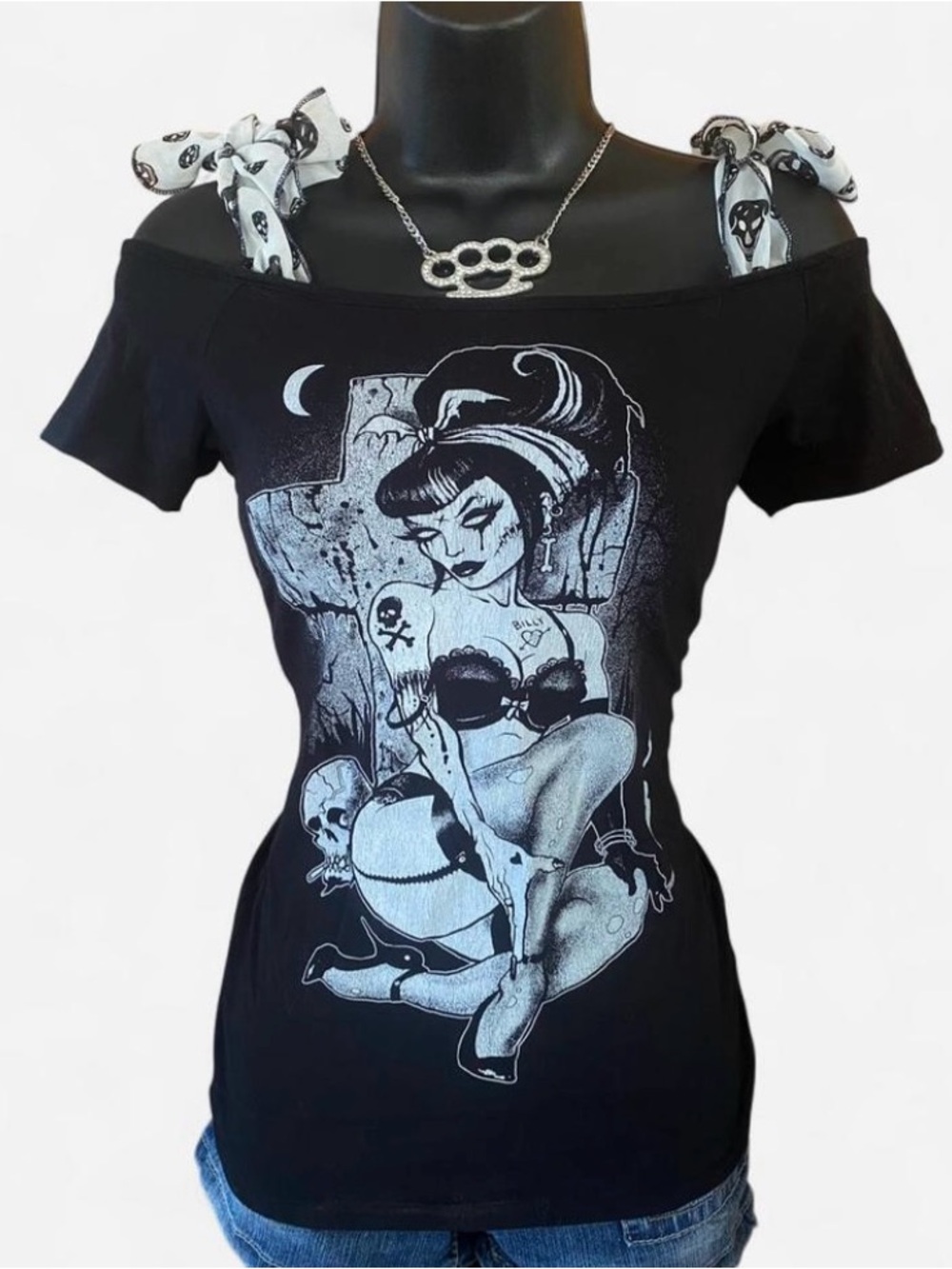 Y2k Too Fast Gothic Bride of Frankenstein Pin Up Girl Off Shoulder Top Skulls